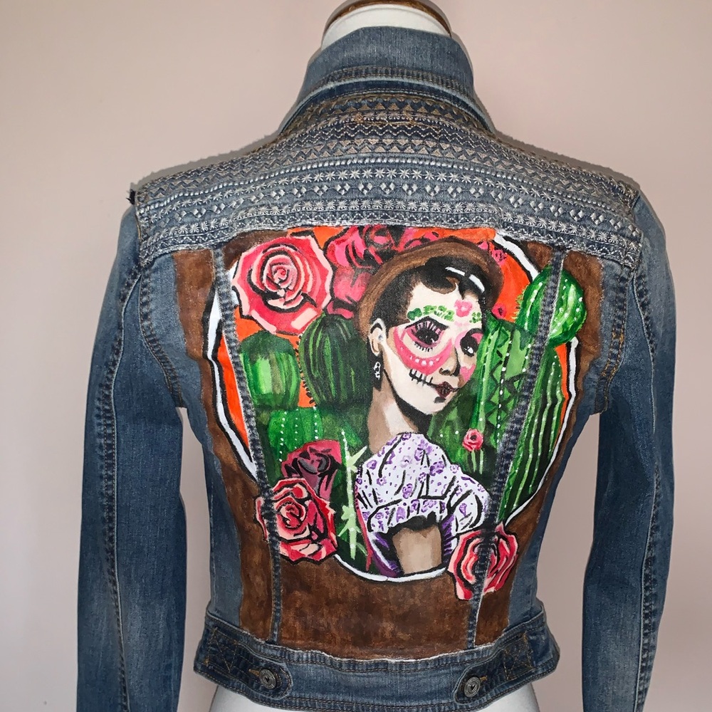 Custom denim jacket - Kalaveras hand-painted - unique denim style wearable art